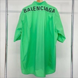 AUTH BALENCIAGA Graphic Logo Green Men’s Button Down Short Sleeve Dress Shirt
